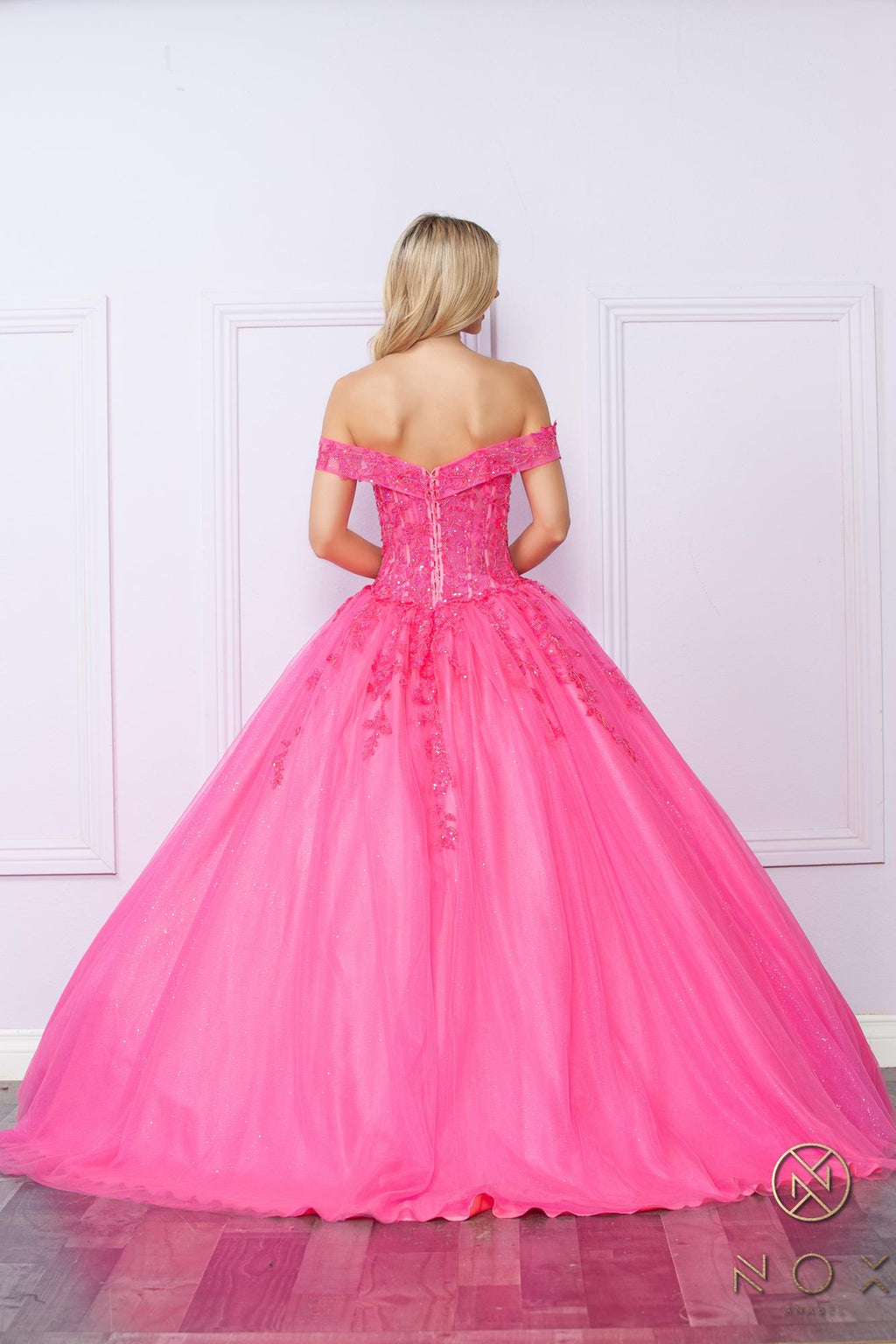 Hot pink off-shoulder ballgown with corset back and full tulle skirt