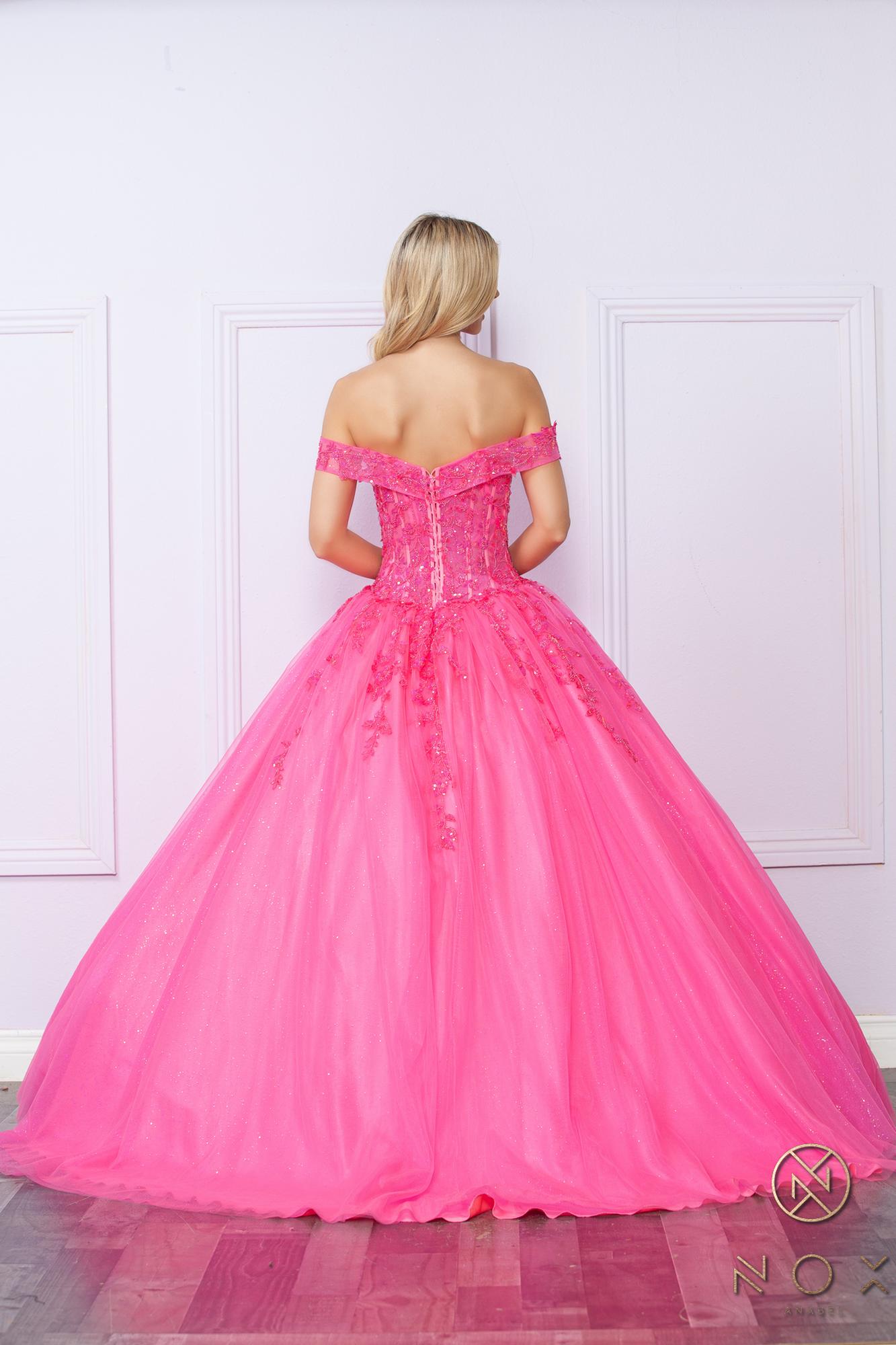 Hot pink off-shoulder ballgown with corset back and full tulle skirt
