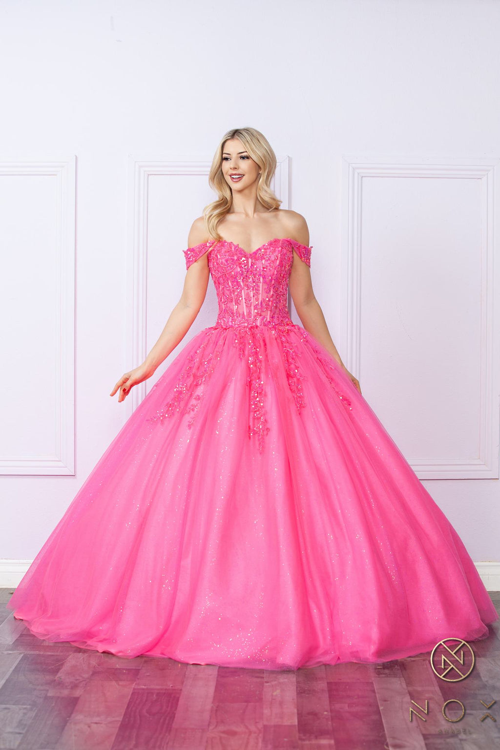 Hot pink sparkly off-shoulder ballgown with full tulle skirt
