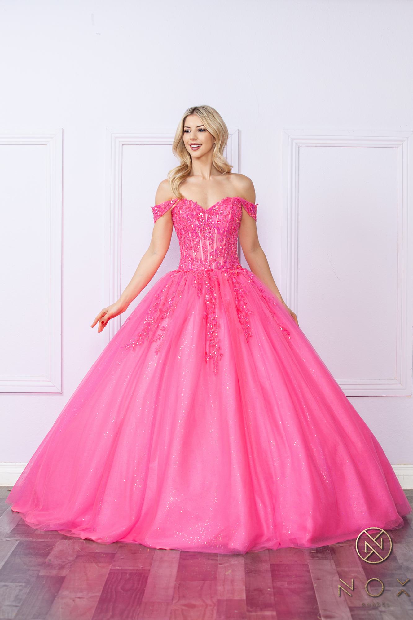 Hot pink sparkly off-shoulder ballgown with full tulle skirt