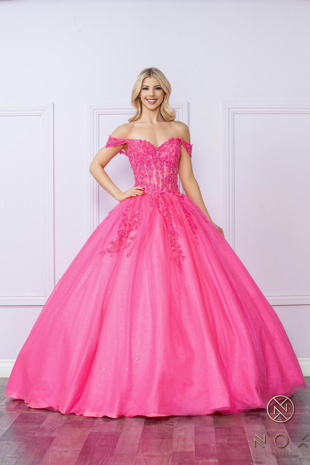 Hot pink off-shoulder ballgown with sparkling bodice and layered tulle skirt