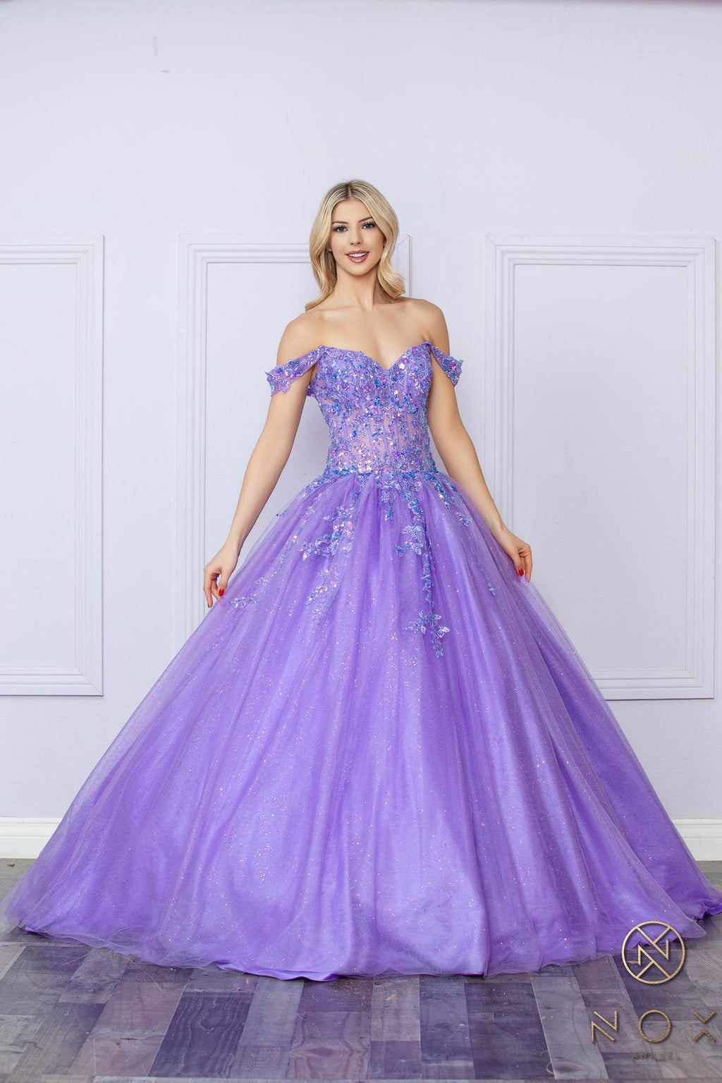 Lavender off-shoulder sequin ballgown with gathered waist and flowing full skirt
