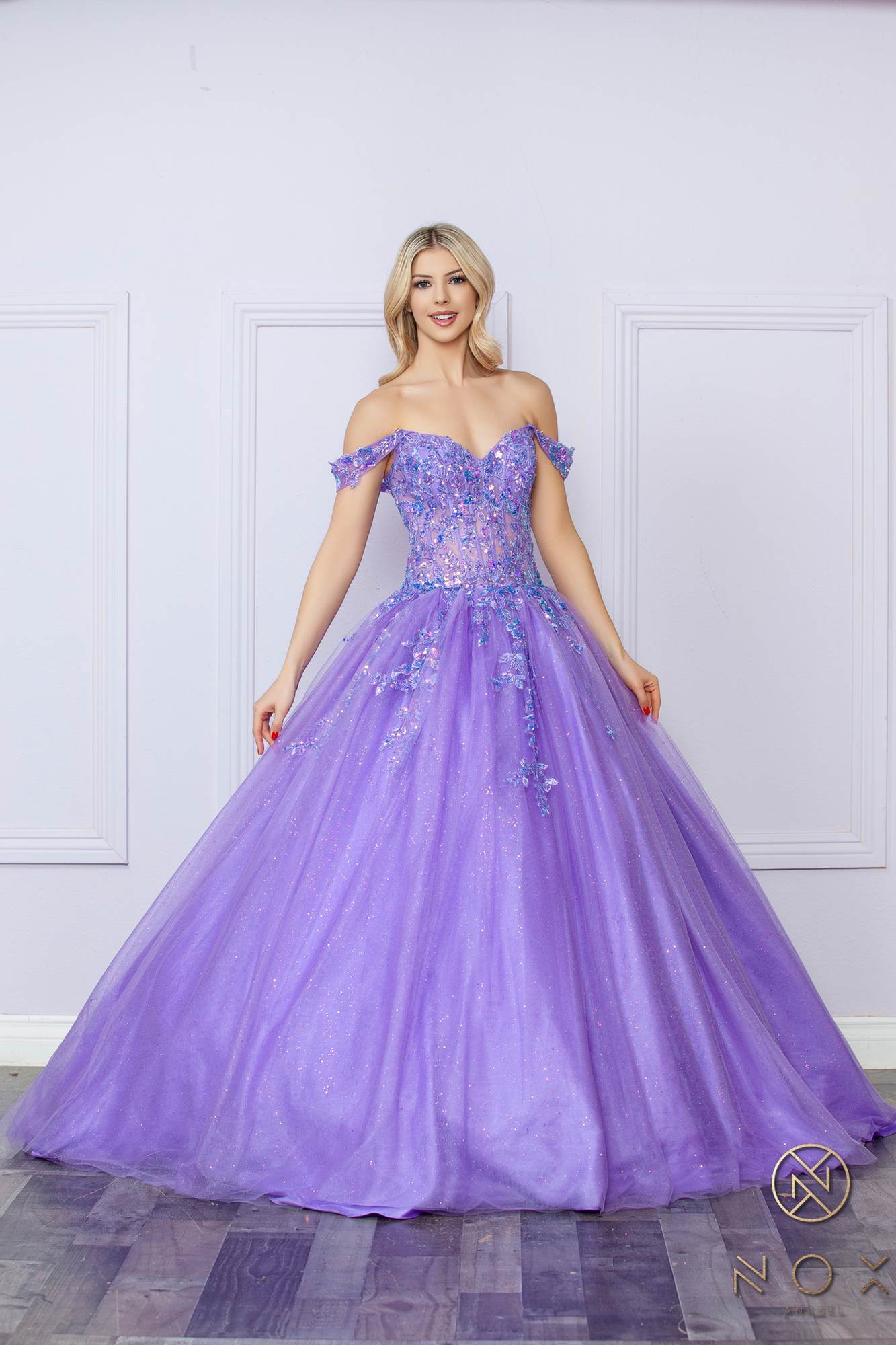 Lavender off-shoulder sequin ballgown with gathered waist and flowing full skirt