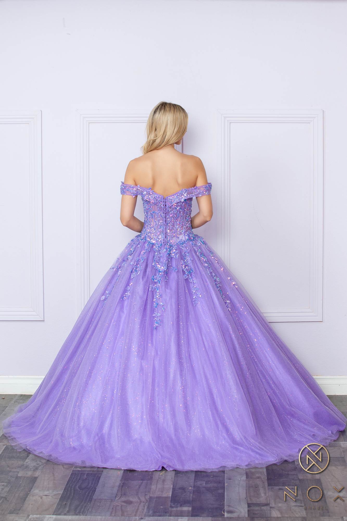 Lavender off-shoulder sequin ballgown, low back and full tiered skirt