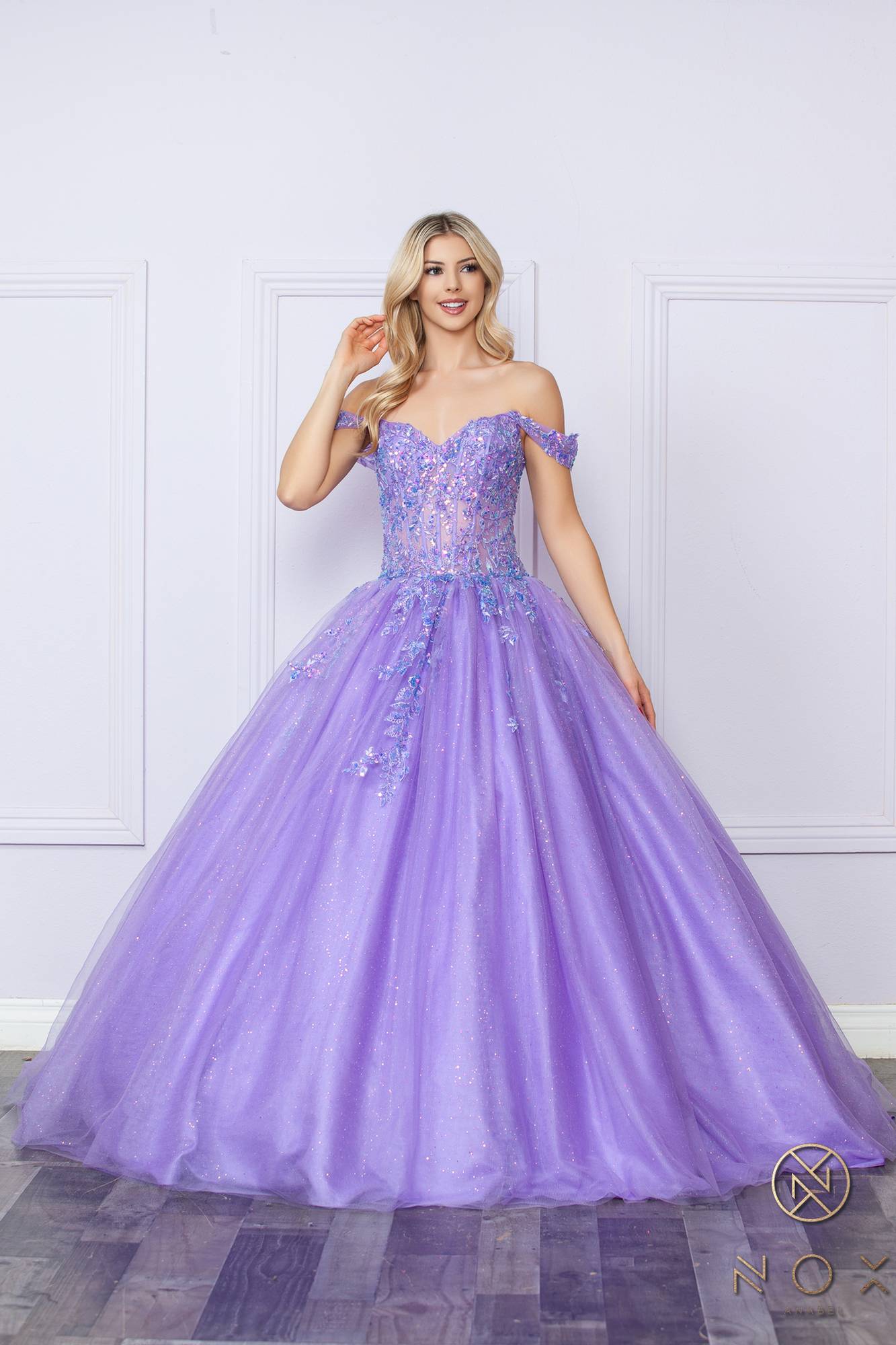Lavender off-shoulder sequin ballgown with full poofy skirt