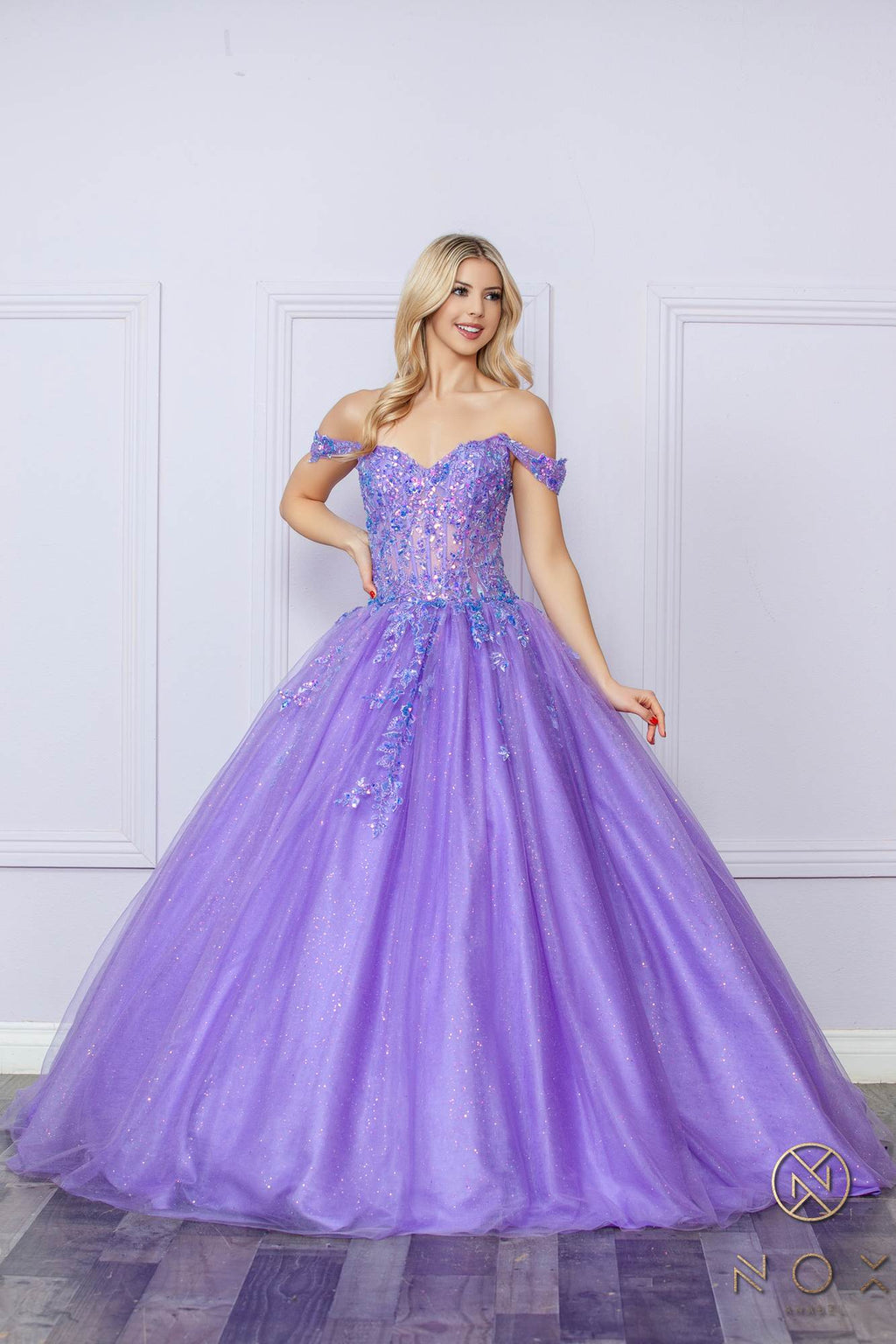 Lavender off-shoulder sequin ballgown, sweetheart bodice and tiered full skirt