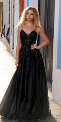 Black glitter tulle A-line dress with sequined bodice and thin spaghetti straps