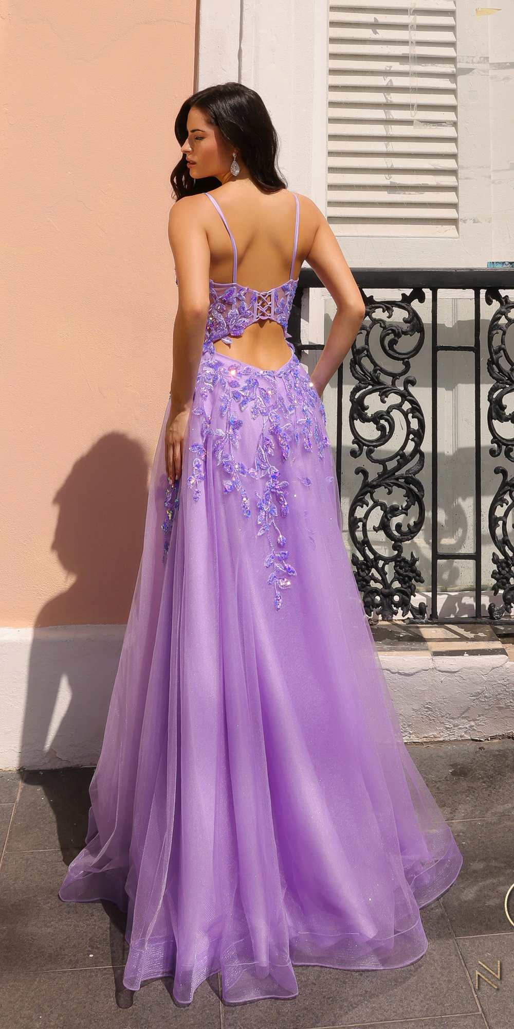 Lavender glitter tulle A-line dress with open back, sequined straps, and side slit