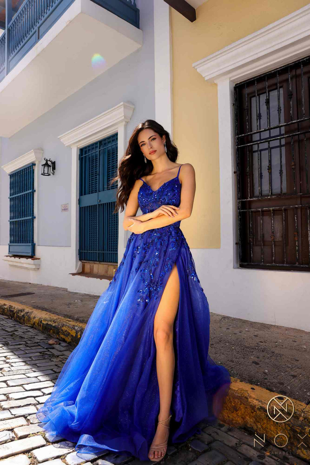 Royal blue A-line sequin tulle evening dress with deep side slit and thin straps