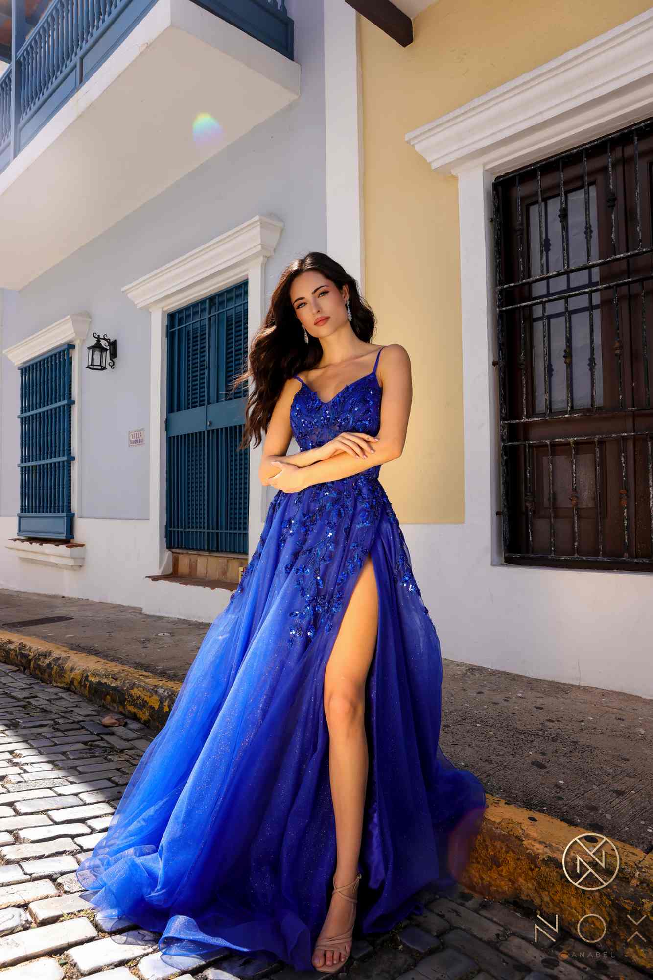 Royal blue A-line sequin tulle evening dress with deep side slit and thin straps