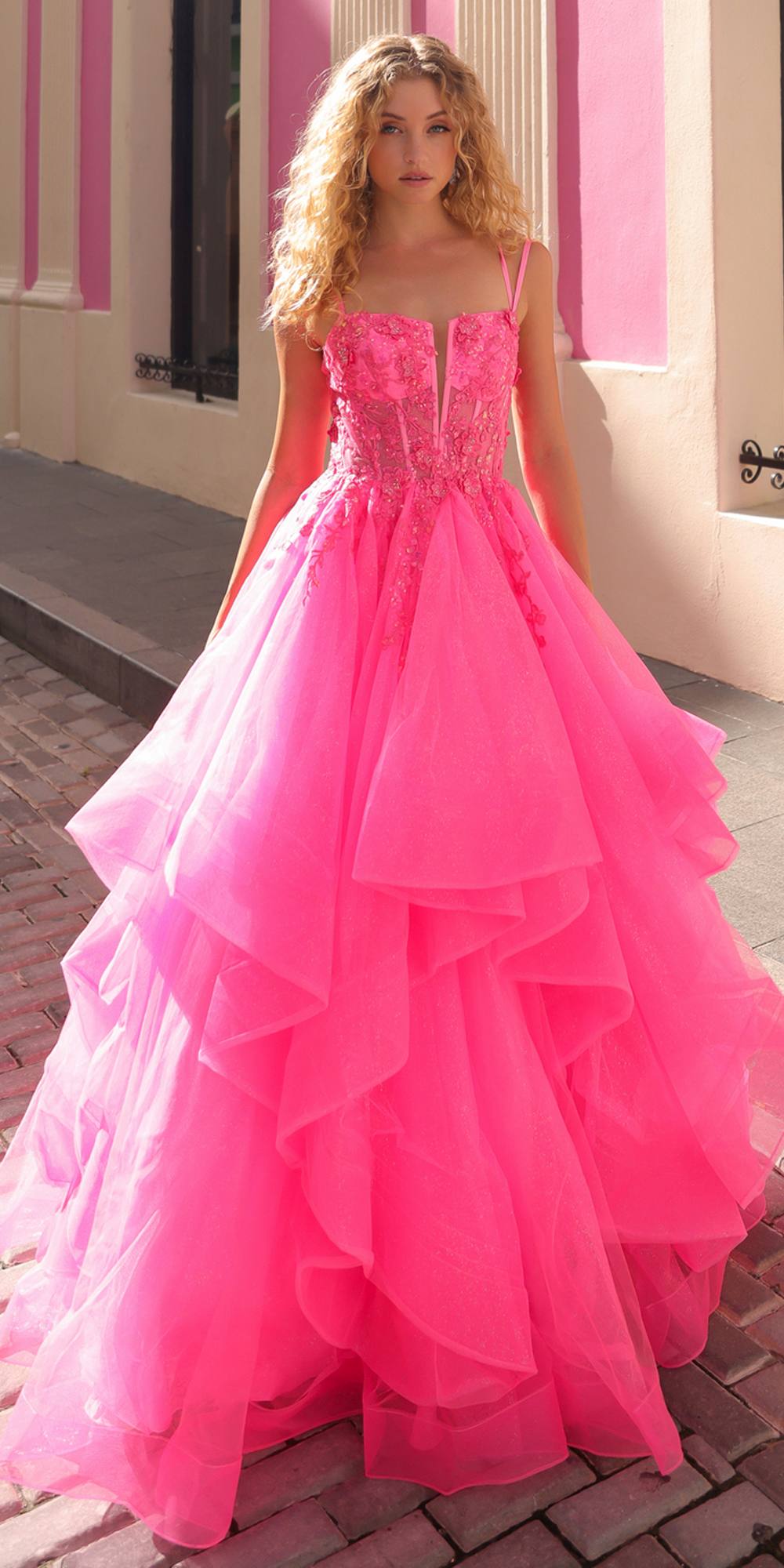 Pink tulle ballgown with layered tiered ruffles, sweetheart bodice, A-line
