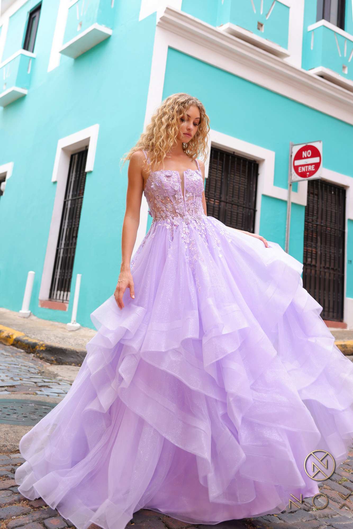 Lilac tiered ruffle tulle ballgown with sparkling sleeveless bodice