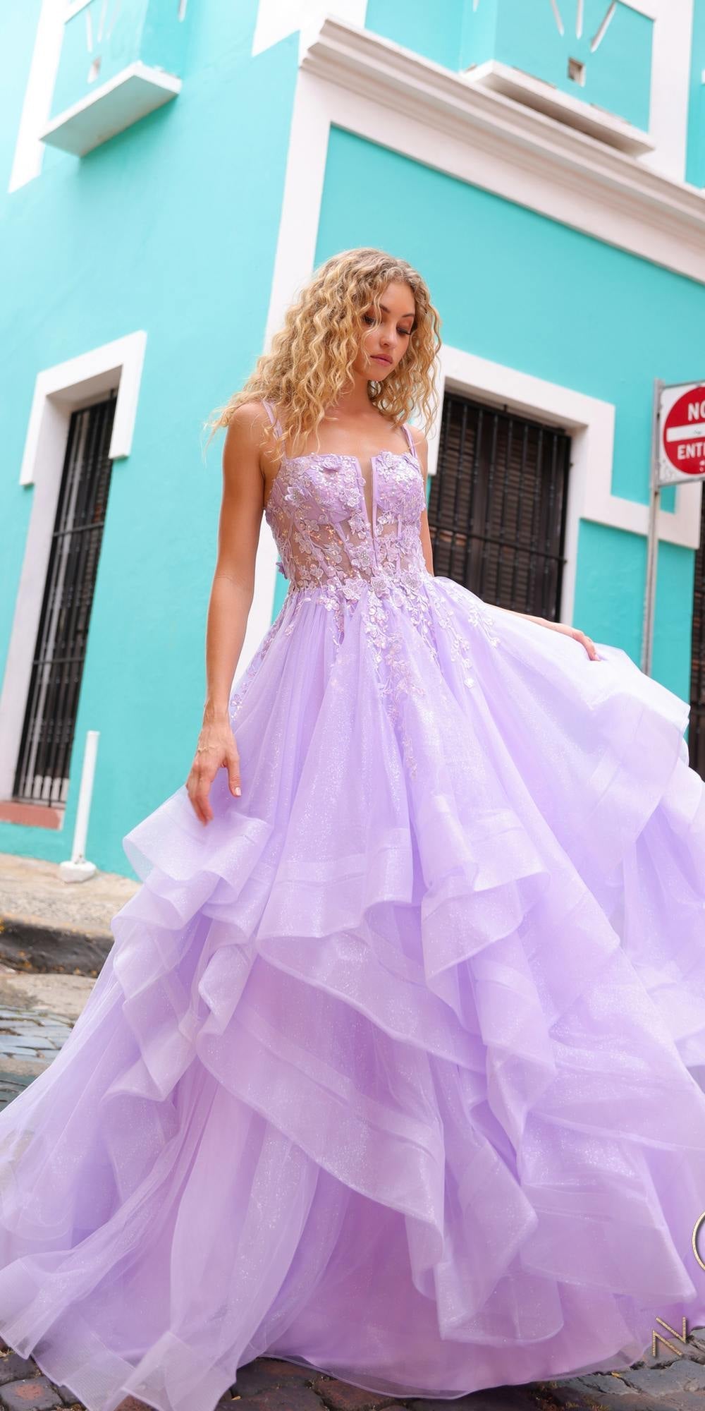 Lilac tulle ballgown with layered tiered ruffles and voluminous A-line skirt