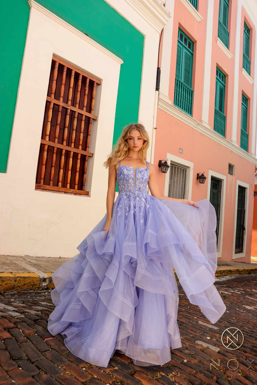 Periwinkle tiered ruffle tulle ballgown with wide layered skirt