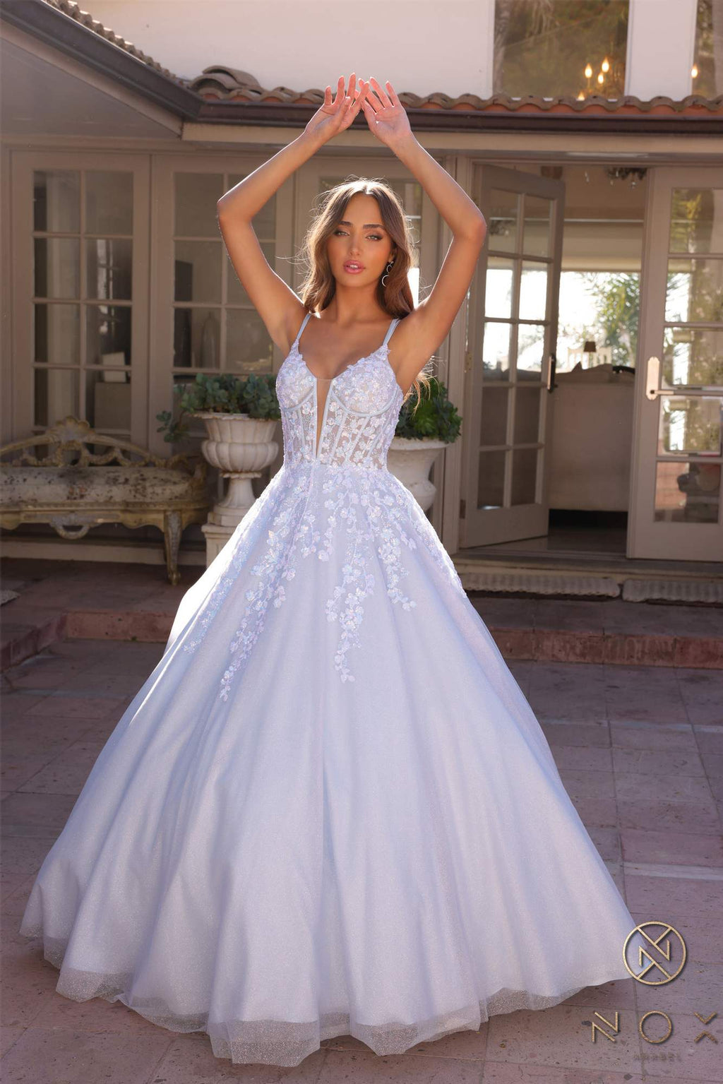 Bahama Blue corset A-line ballgown with lace illusion neckline and full tulle skirt