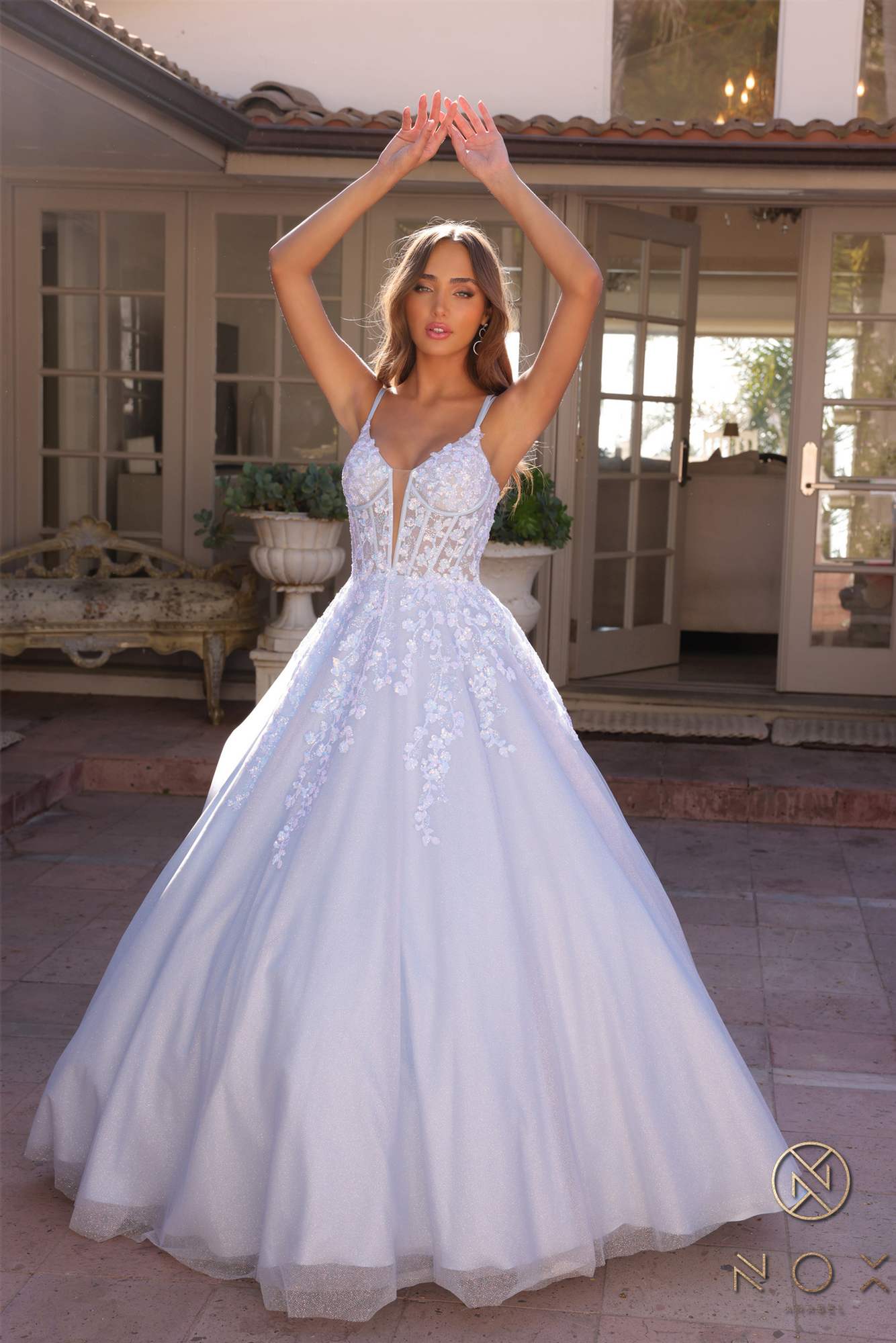Bahama Blue corset A-line ballgown with lace illusion neckline and full tulle skirt