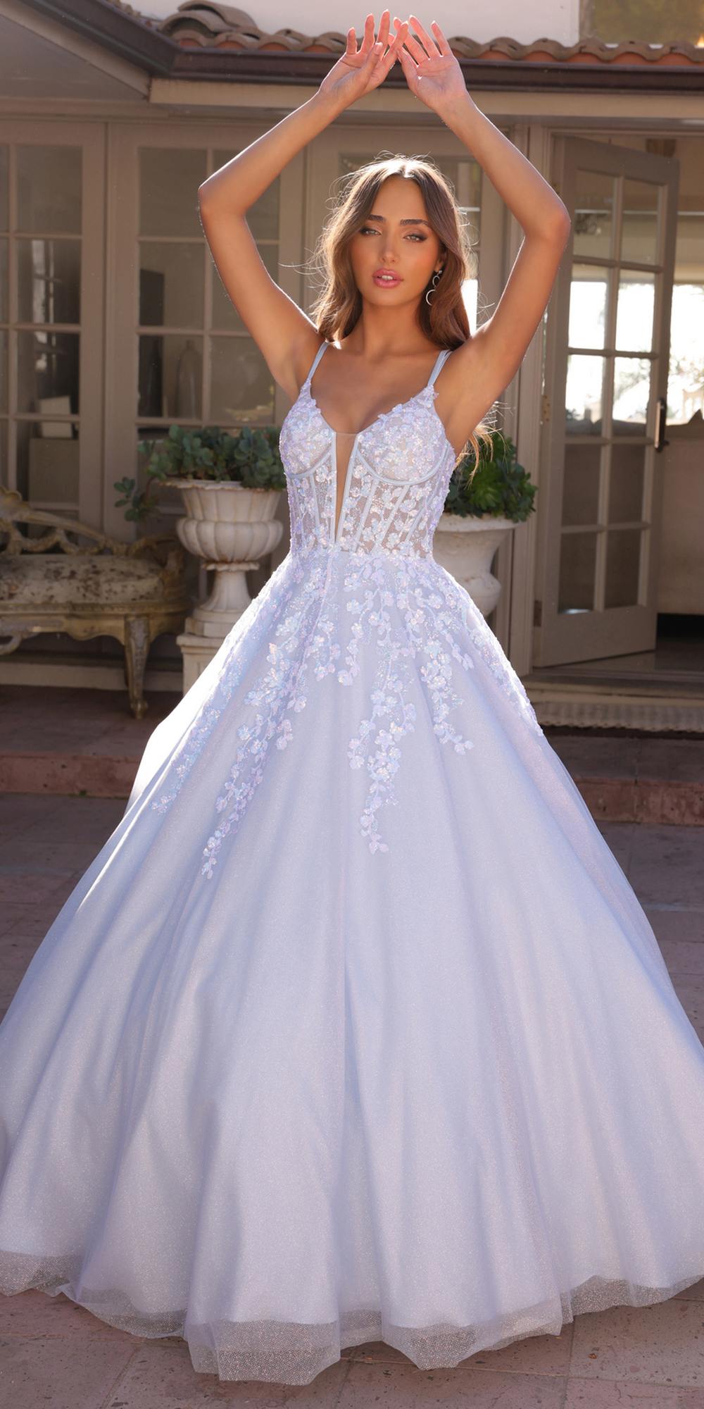 Bahama Blue corset A-line ballgown with plunging illusion neckline and lace