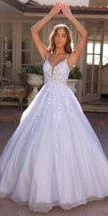 Bahama Blue corset A-line ballgown with plunging illusion neckline and lace