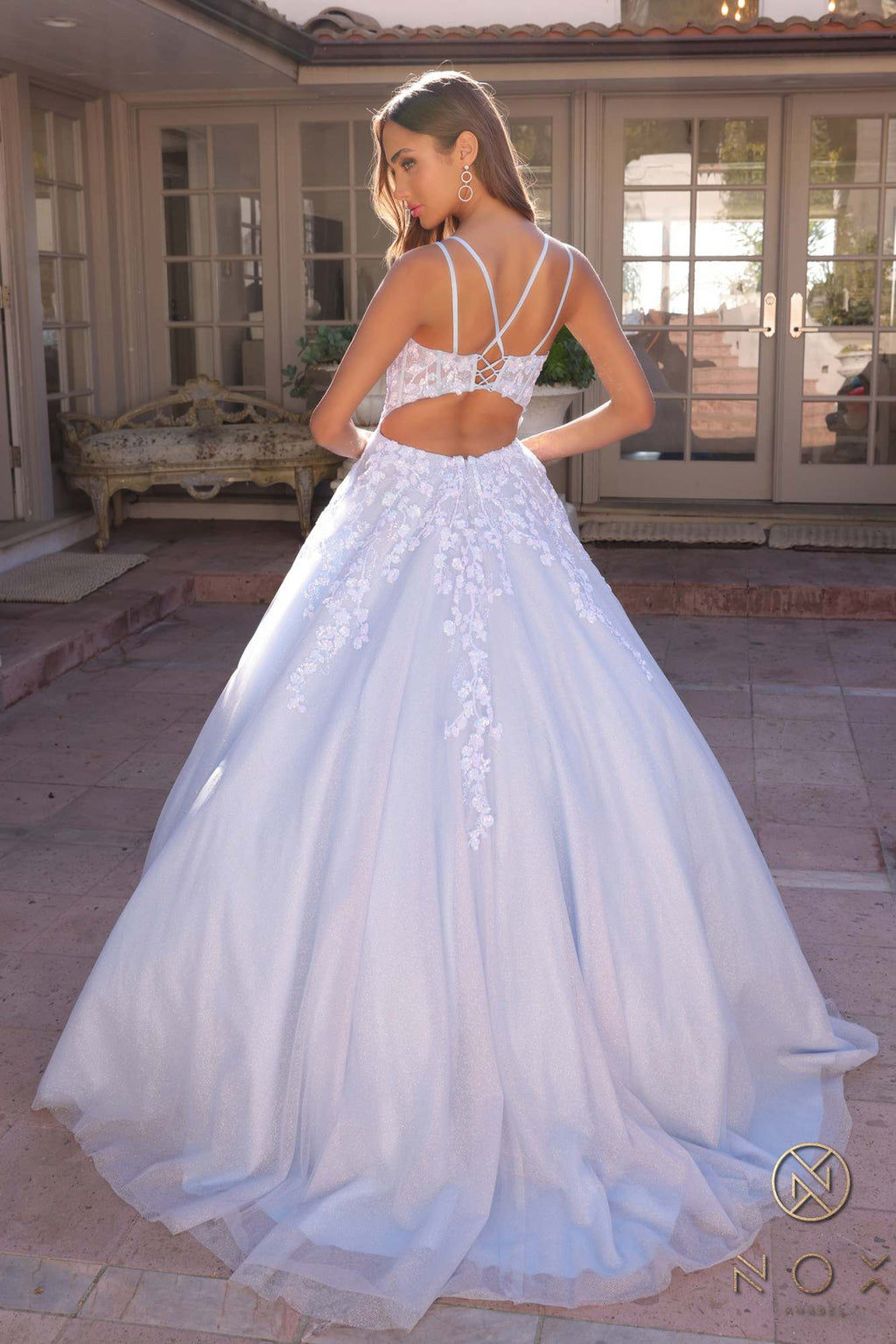 Bahama Blue corset A-line ballgown with open back and lace bodice