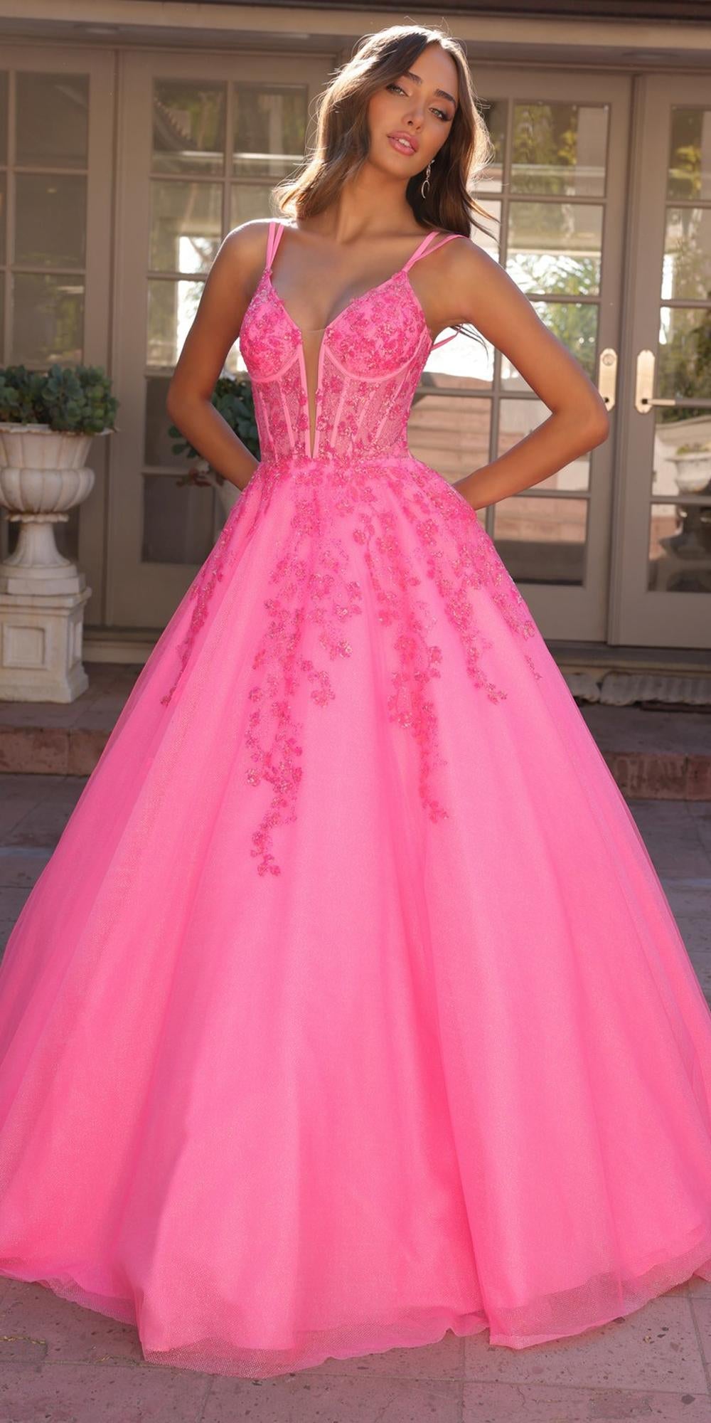 Pink Nox Anabel corset A-line ballgown with plunging illusion neckline and lace