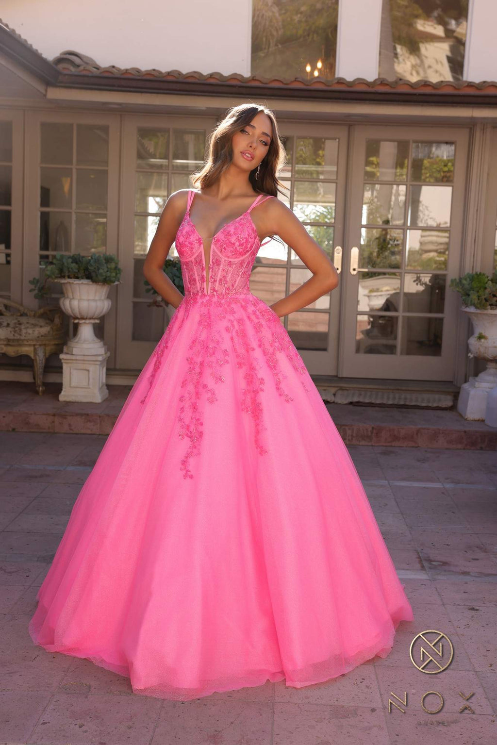 Pink corset A-line ballgown with lace plunging illusion neckline and full tulle skirt