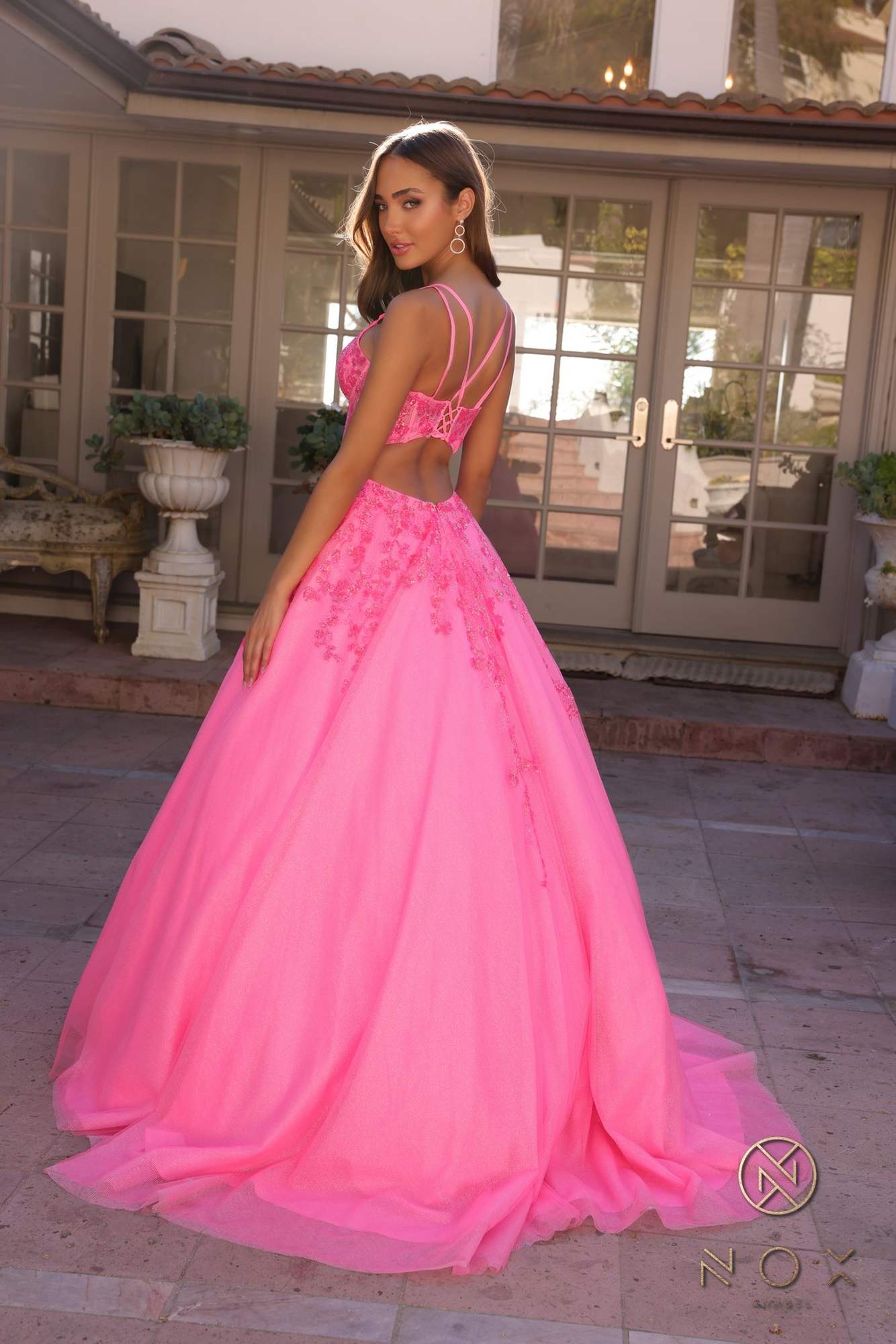 Pink corset A-line ballgown with open back straps and lace bodice