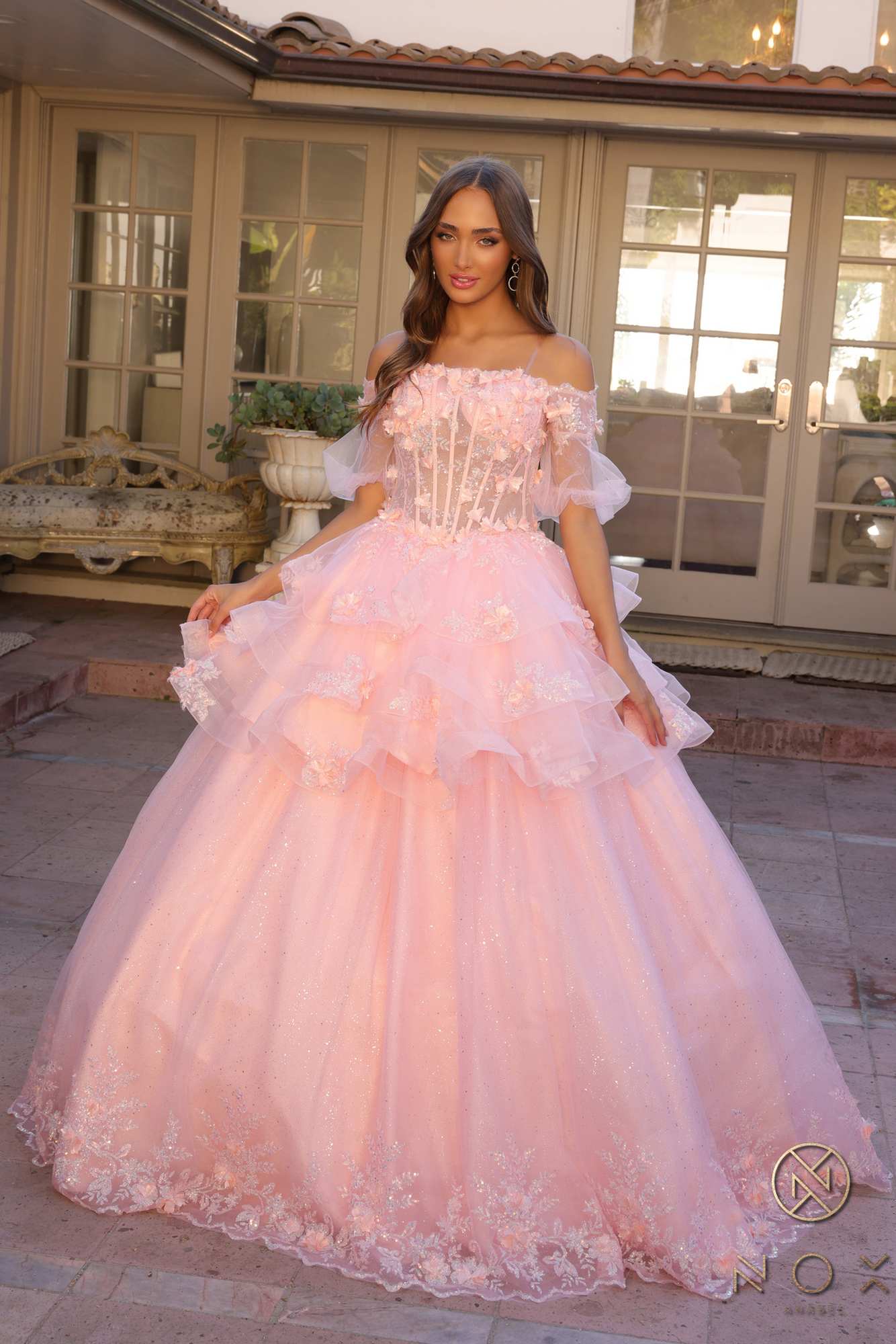 Blush off-shoulder A-line gown with 3D floral lace bodice and tiered ruffle skirt
