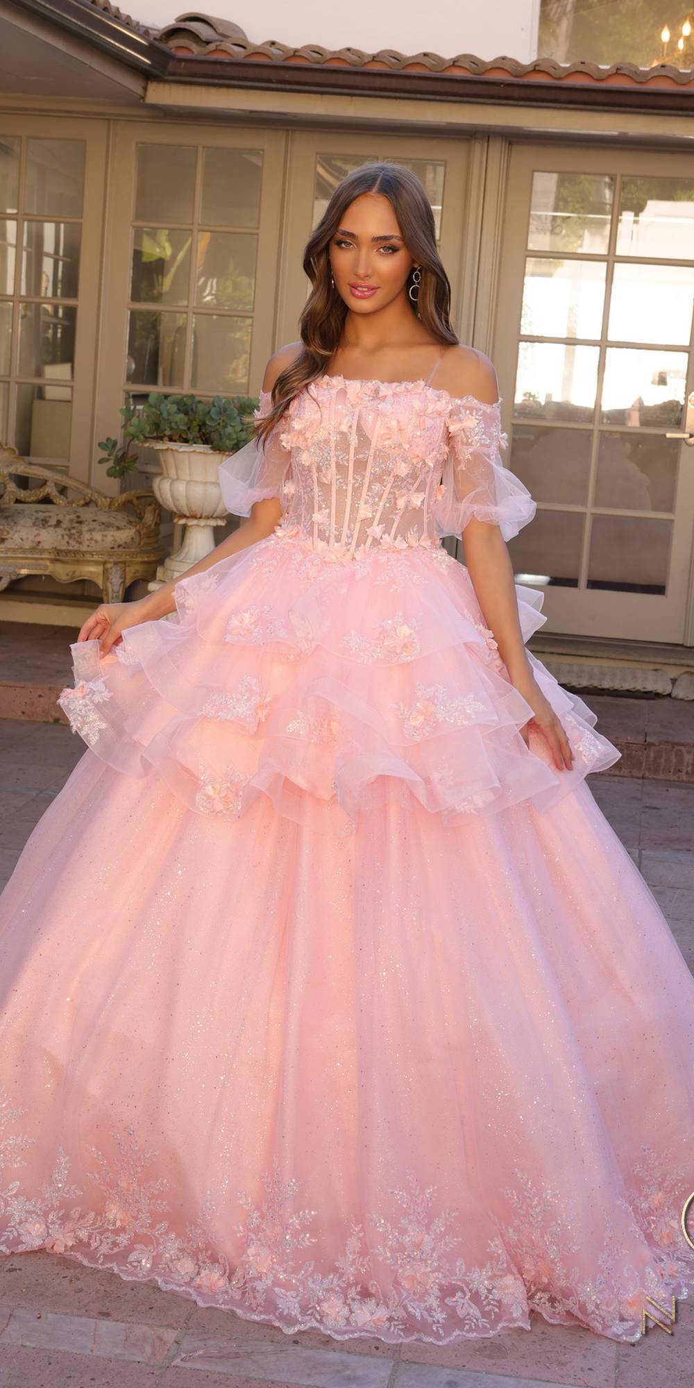 Blush off-shoulder A-line gown with 3D floral lace bodice and tiered ruffles