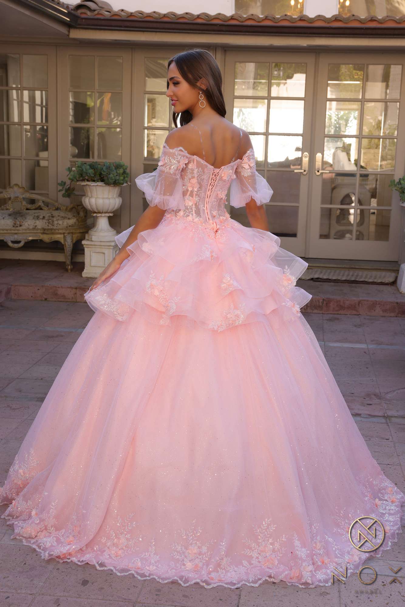 Blush off-shoulder A-line gown with 3D floral lace bodice and layered tulle skirt