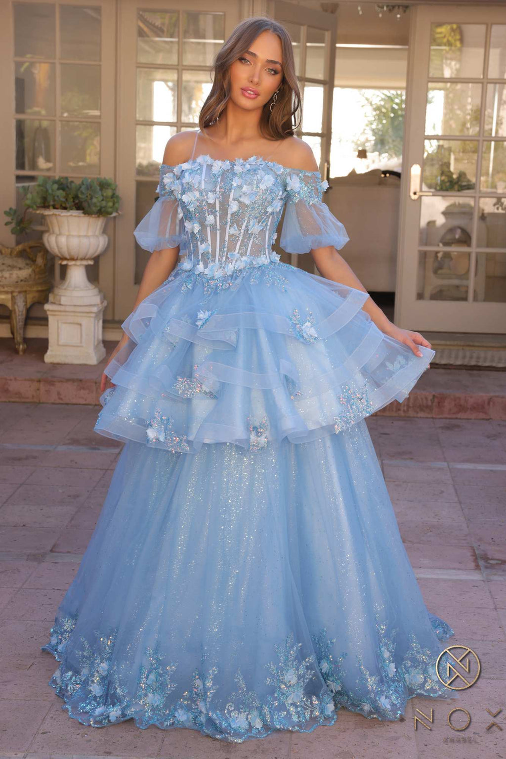 Off-the-shoulder 3D floral A-line gown with tiered skirt, removable overlay, blue