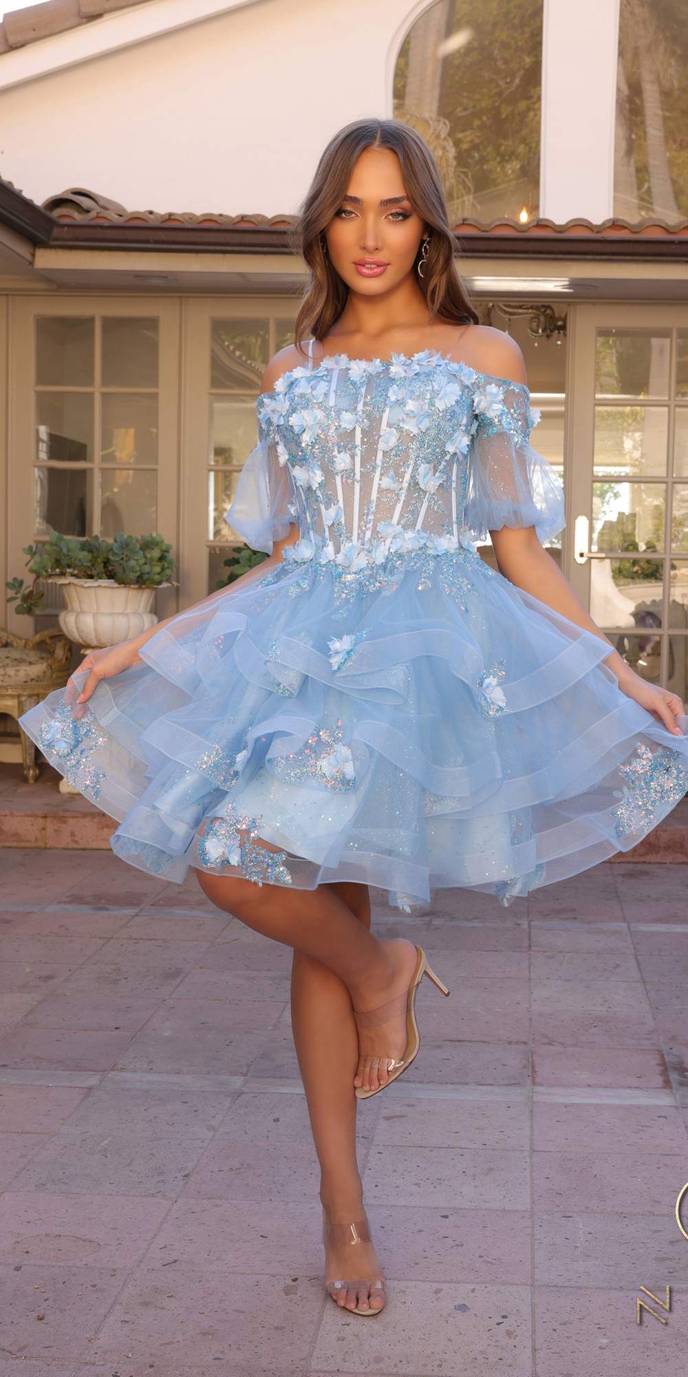 Blue off-shoulder A-line gown with 3D floral lace bodice and tiered tulle ruffles