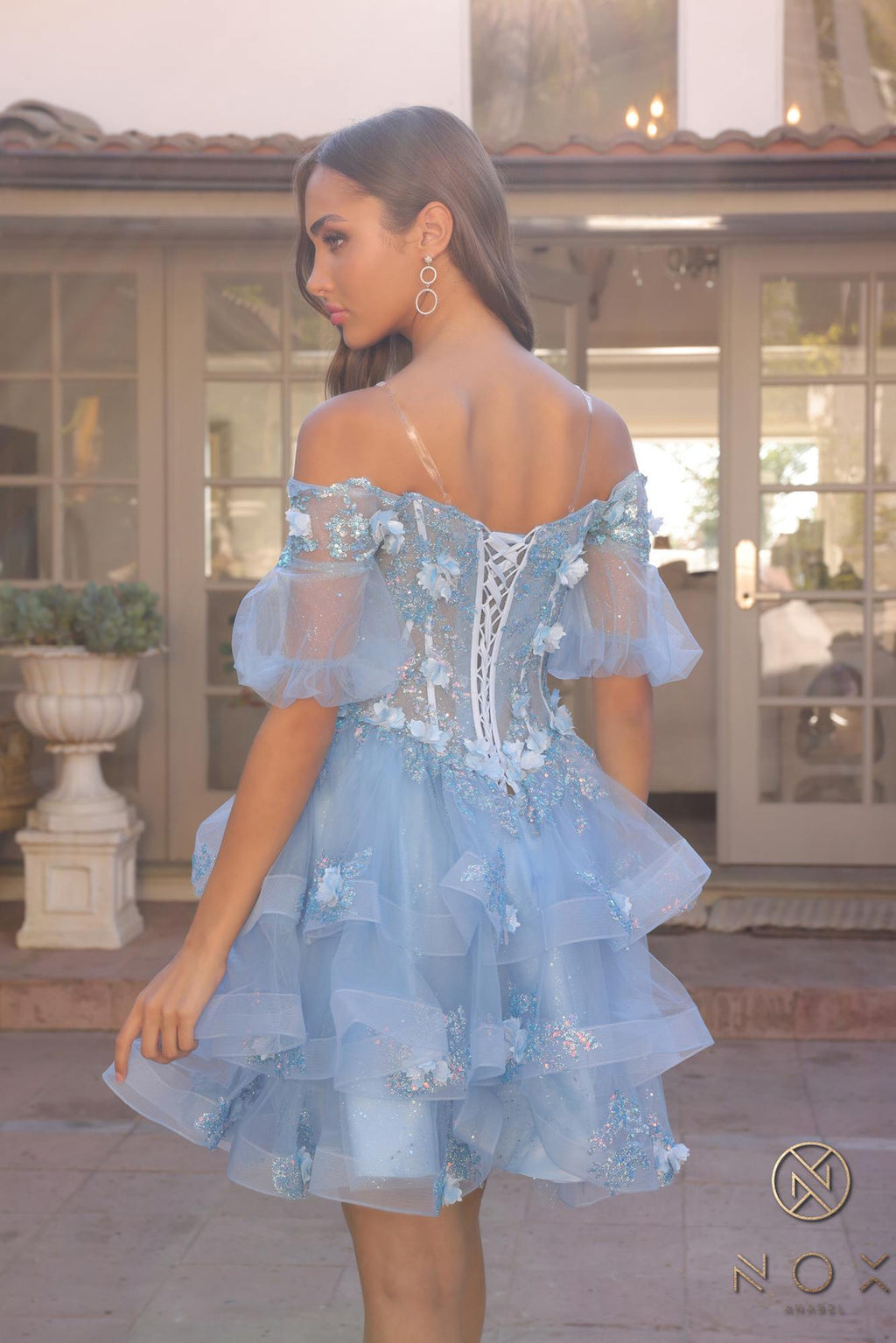 Blue off-shoulder A-line gown with 3D floral lace bodice and tiered ruffle skirt