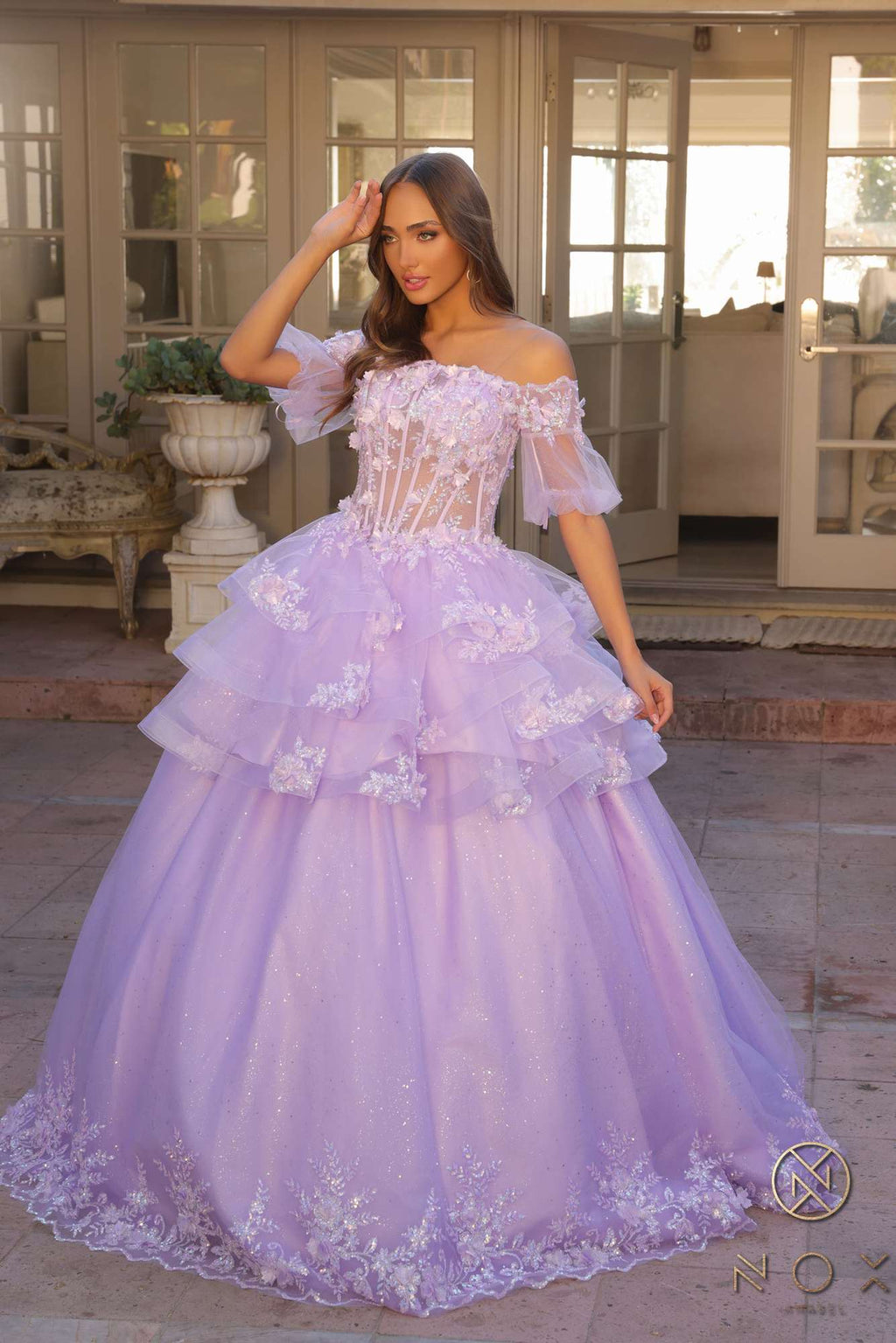 Lilac off-shoulder A-line gown with 3D floral lace bodice and layered tulle skirt