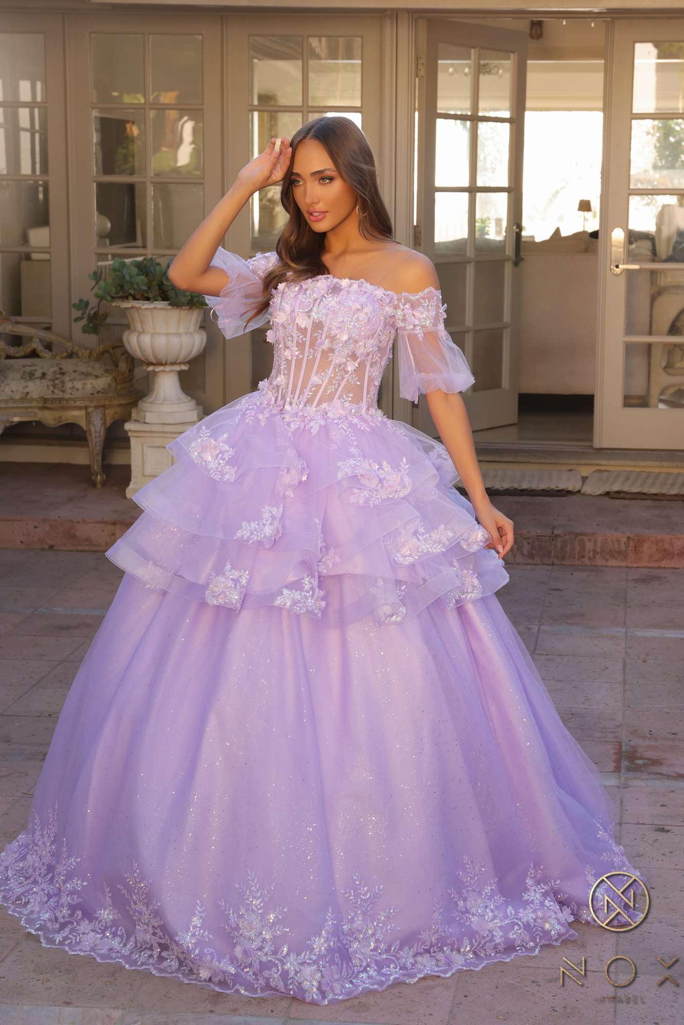 Lilac off-shoulder A-line gown with 3D floral lace bodice and layered tulle skirt
