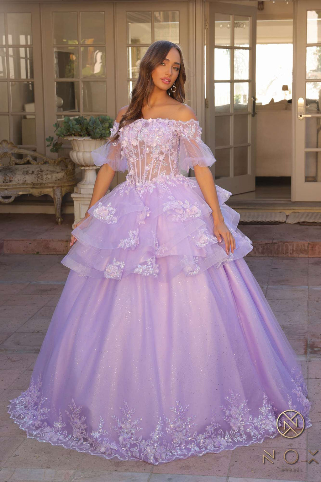 Lilac off-shoulder A-line gown with 3D floral lace bodice and tiered ruffle skirt