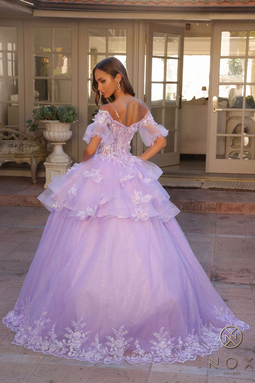 Lilac off-shoulder A-line gown with 3D floral lace bodice and tiered ruffles