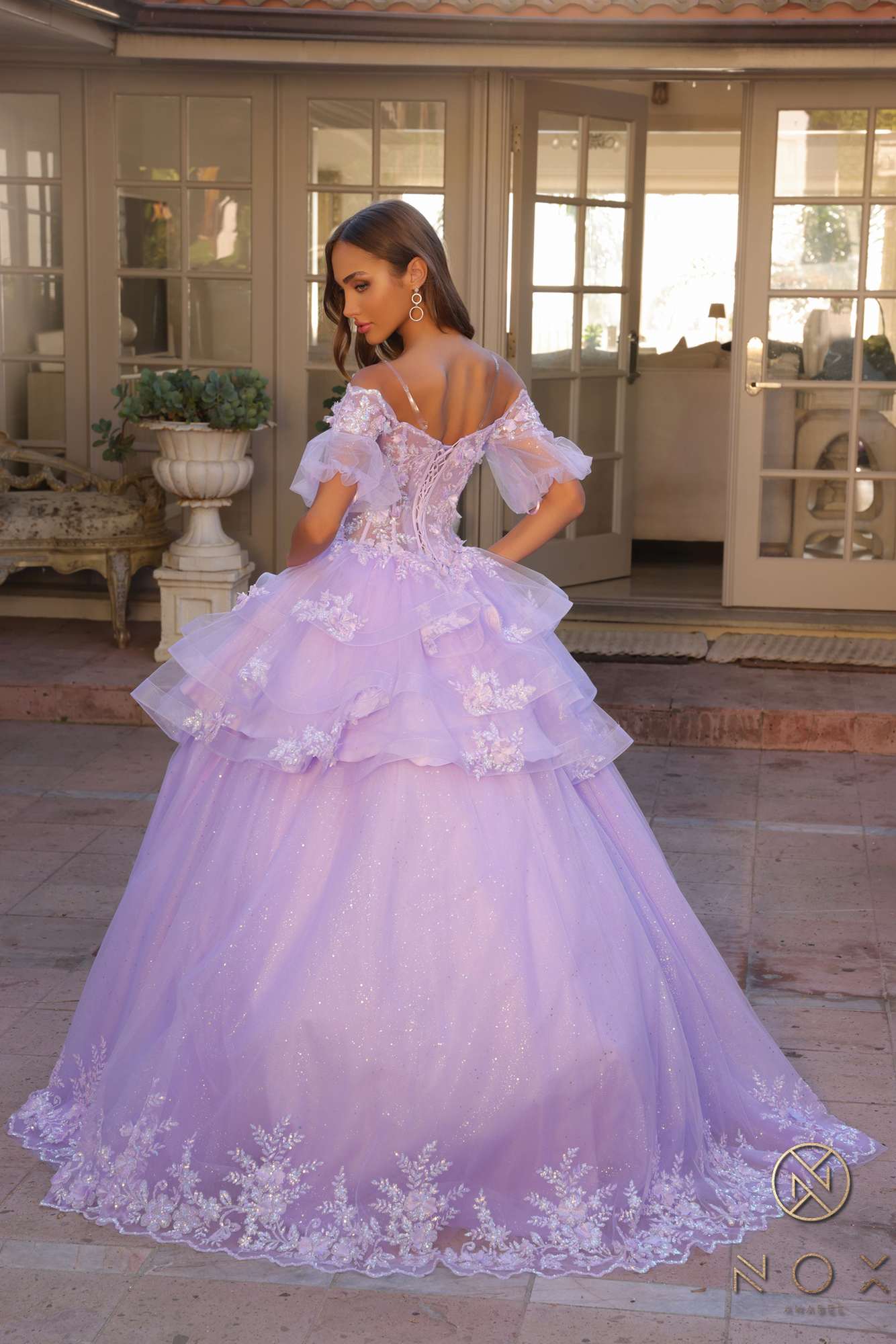 Lilac off-shoulder A-line gown with 3D floral lace bodice and tiered ruffles