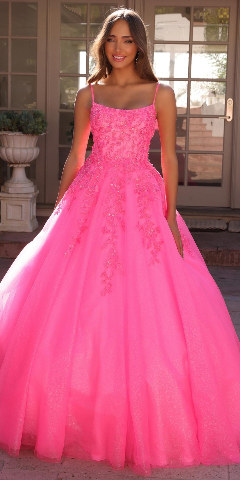 Hot pink square-neck A-line quinceanera gown, lace bodice, full tulle skirt