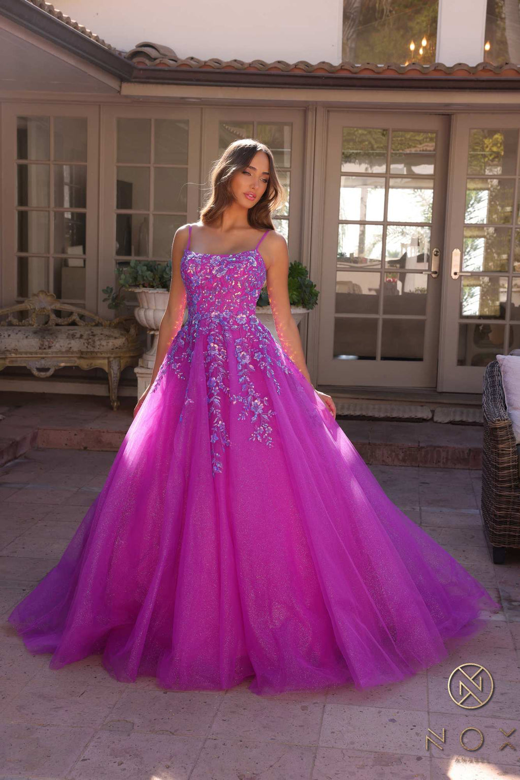 Hot pink square-neck A-line quinceanera gown with embroidered bodice and layered tulle skirt