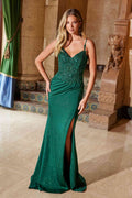 Emerald green beaded sweetheart evening dress with ruched waist and side slit