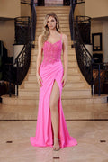 Hot pink glitter satin embroidered dress with corset bodice and side slit