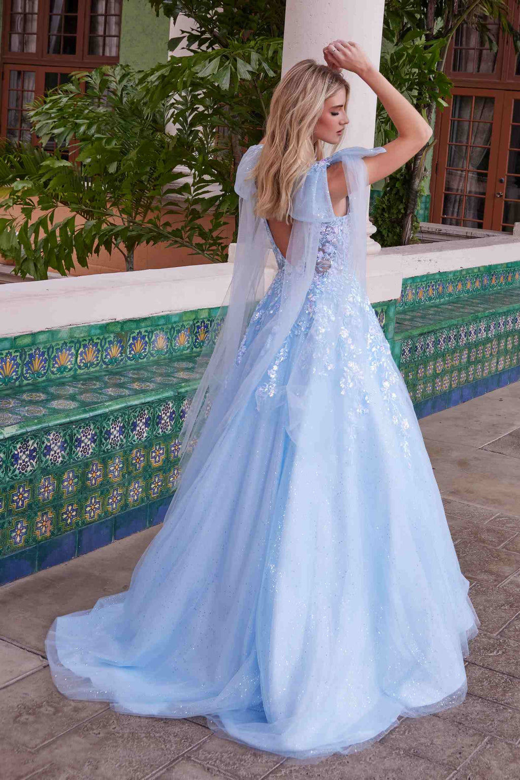 Light blue tulle ballgown dress with sequined bodice and flutter tie-up sleeves