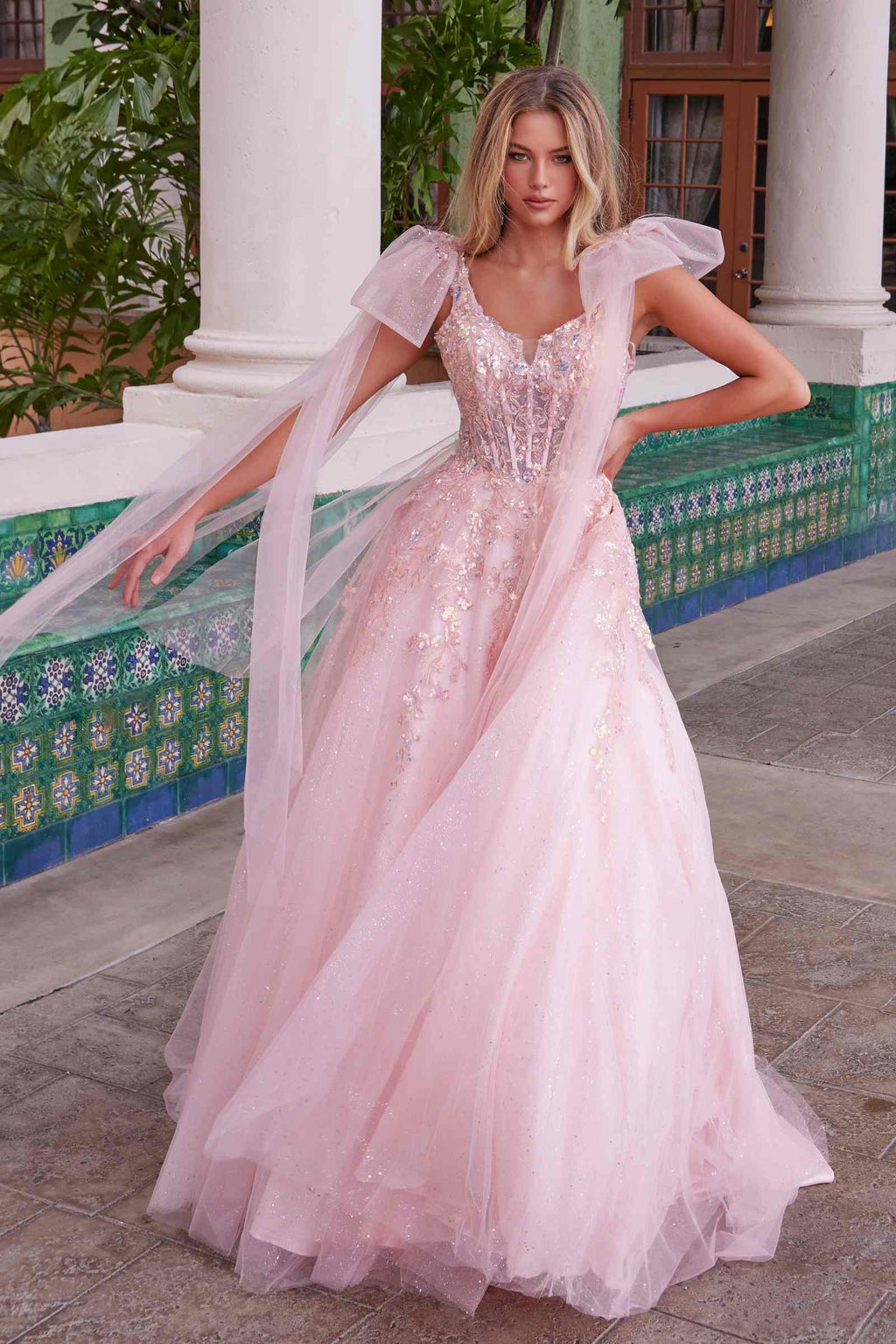 Blush tulle evening dress with sequined bodice, flutter sleeves, and full skirt