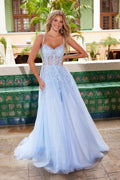 Light blue A-line sweetheart neckline dress with glitter details and tiered tulle skirt