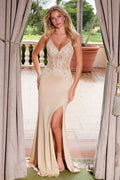 Champagne satin long dress with V-neck, sequined bodice, side slit skirt