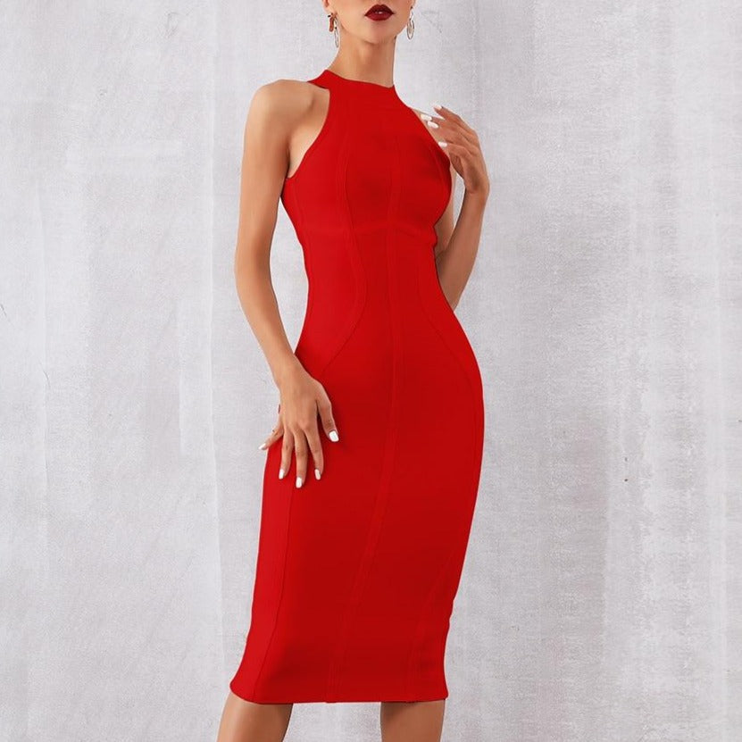 Red sleeveless bodycon bandage midi tank dress with high neckline