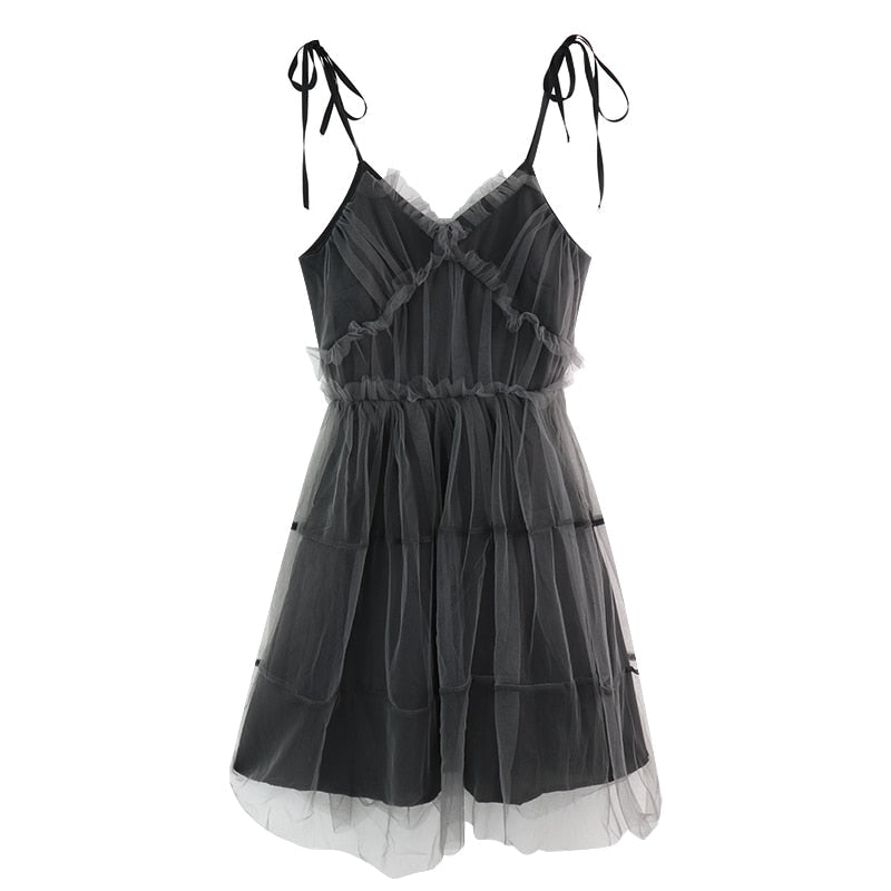 Dark Gothic Harajuku Dress Women Vintage Mesh Patchwork Lace Up High Waist Dress