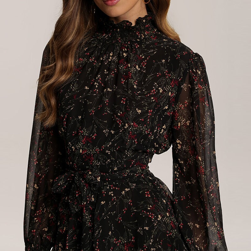 Spring Vintage Perspective Floral Print Dress Women Long Sleeve Chiffon A Line Mini Dress Vestidos