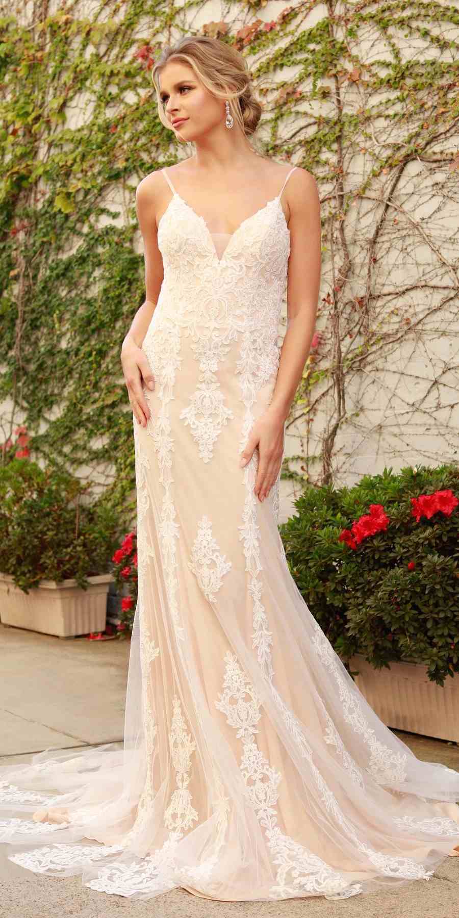 Spaghetti-strap V-neck lace wedding gown with fitted bodice and detailed lace overlay