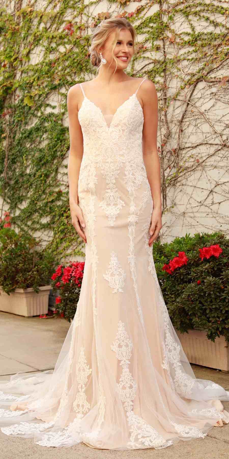 Spaghetti-strap V-neck lace wedding gown with fitted waist and long flowing skirt